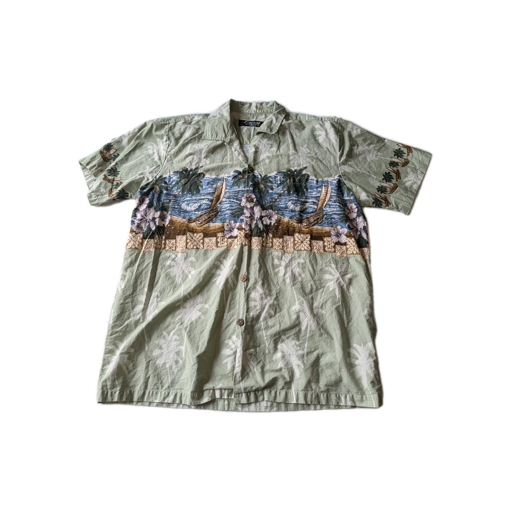 Men's‎ Hawaiian Style Shirt Hawaiian Scene w/ Tiki & Dugout Canoes Men's XL